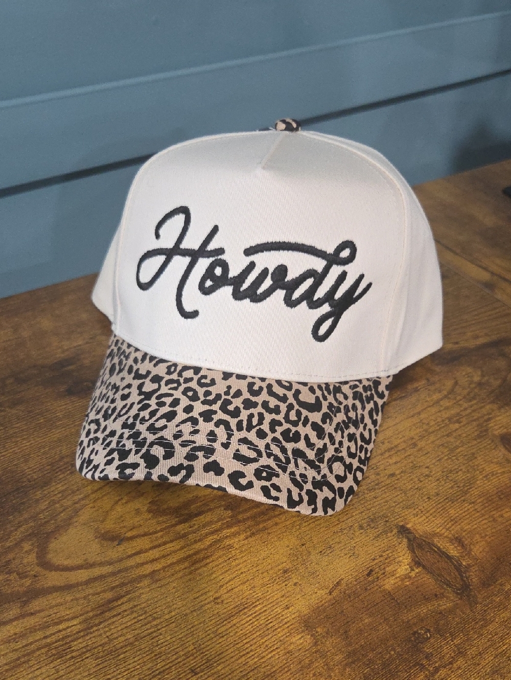 Howdy Trucker Hat with Leopard Print Brim - White & Tan
